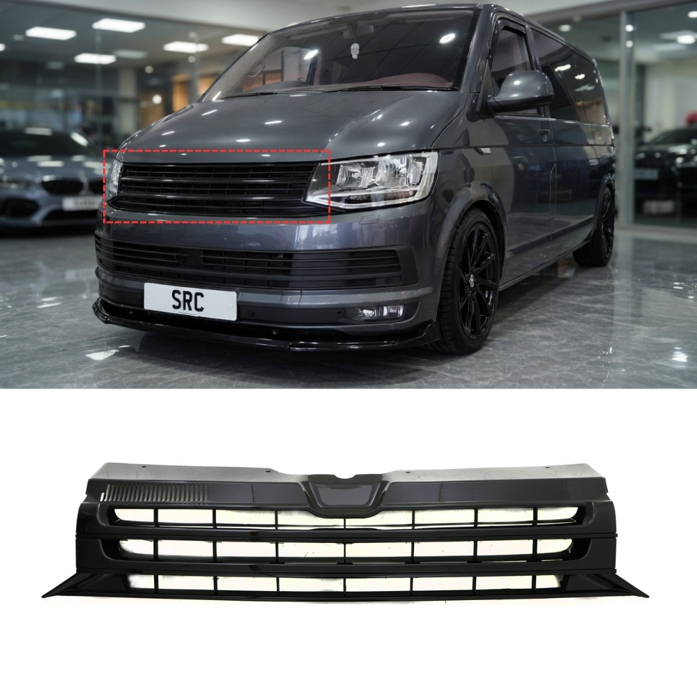 VW Transporter T5.1 Front Grille Badgeless Gloss Black with Chrome Trim 2010–2015