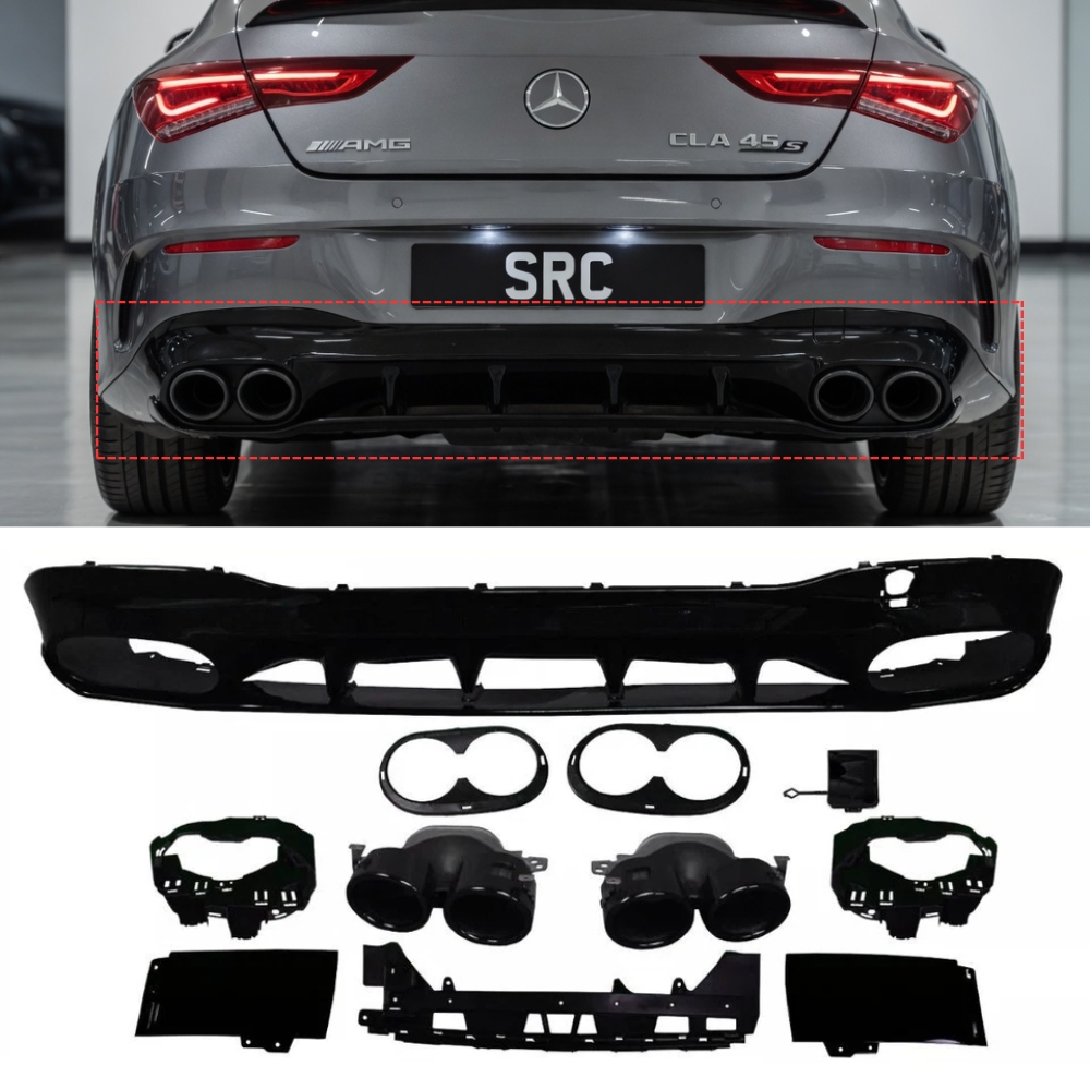Mercedes CLA C118 CLA45 AMG Style Rear Diffuser Gloss Black with Black Tips 2019+